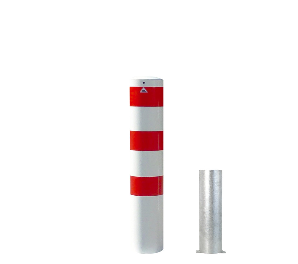 Stahlrohrpoller Ø 152 mm-weiß besch, / rote Streifen- herausnehmbar ohne Verschluss-1500 mm inkl. Bodenhülse