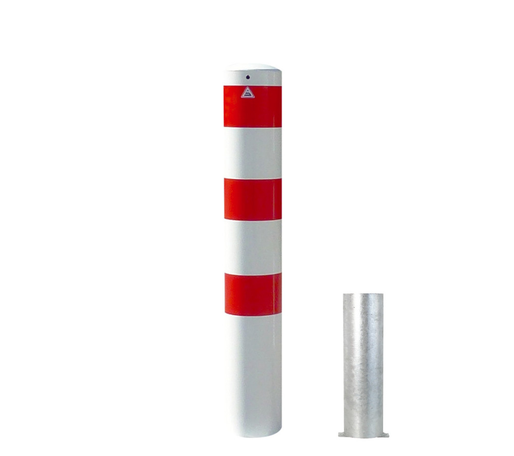 Stahlrohrpoller Ø 193 mm-weiß besch, / rote Streifen- herausnehmbar ohne Verschluss-2000 mm inkl. Bodenhülse