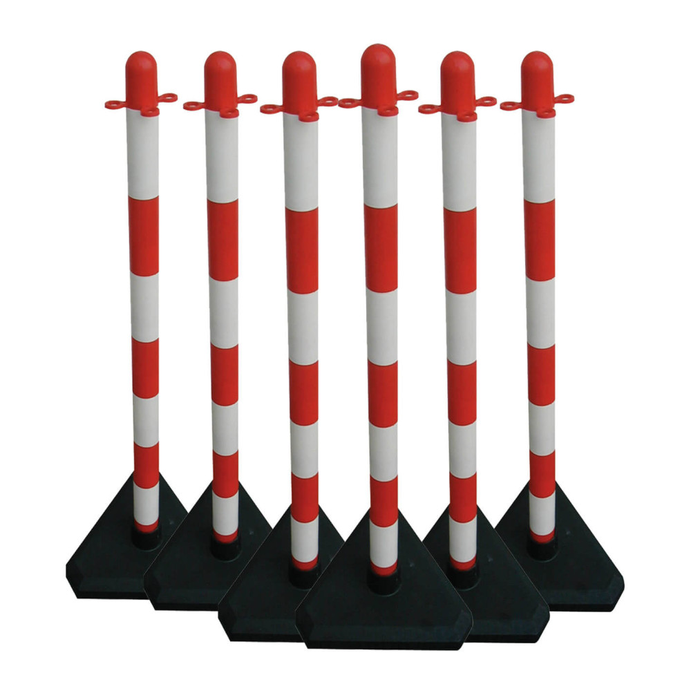 Kettenständer-Set 6 Kunststoffpfosten Ø40 mm mit Beton gefülltem dreieckigen Fuß, 10m Kunststoffkette weiß / rot – Kettenständer-Set 6 Kunststoffpfosten Ø 40 mm mit Beton gefülltem dreieckigen Fuß, 10 m Kunststoffkette