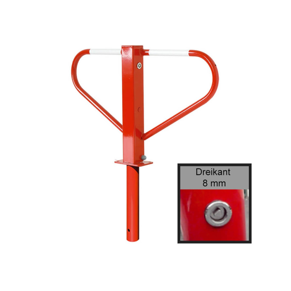 Parkplatzsperre 70 x 70 mm Stahlrohr Überflur 500 mm umlegbar zum einbetonieren  – rot besch. / weiße Streifen
