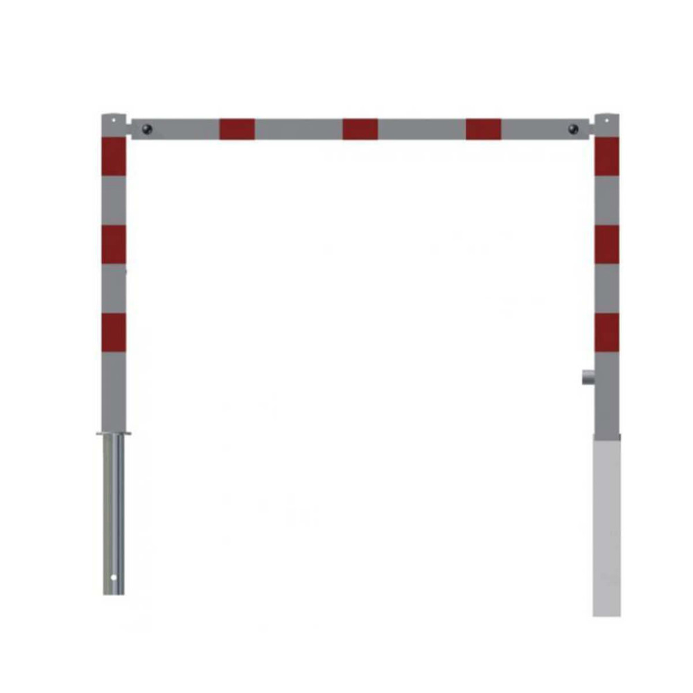 Wegesperre 70 x 70 mm schwenkbar mit Dreikantverschluss mit Oberholm Breite 1500 mm weiß besch. / rote Streifen