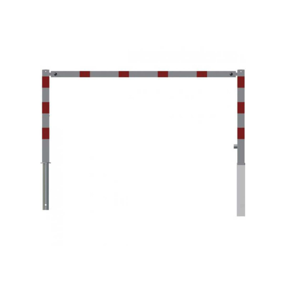 Wegesperre 70 x 70 mm schwenkbar mit Dreikantverschluss mit Oberholm Breite 2000 mm weiß besch. / rote Streifen