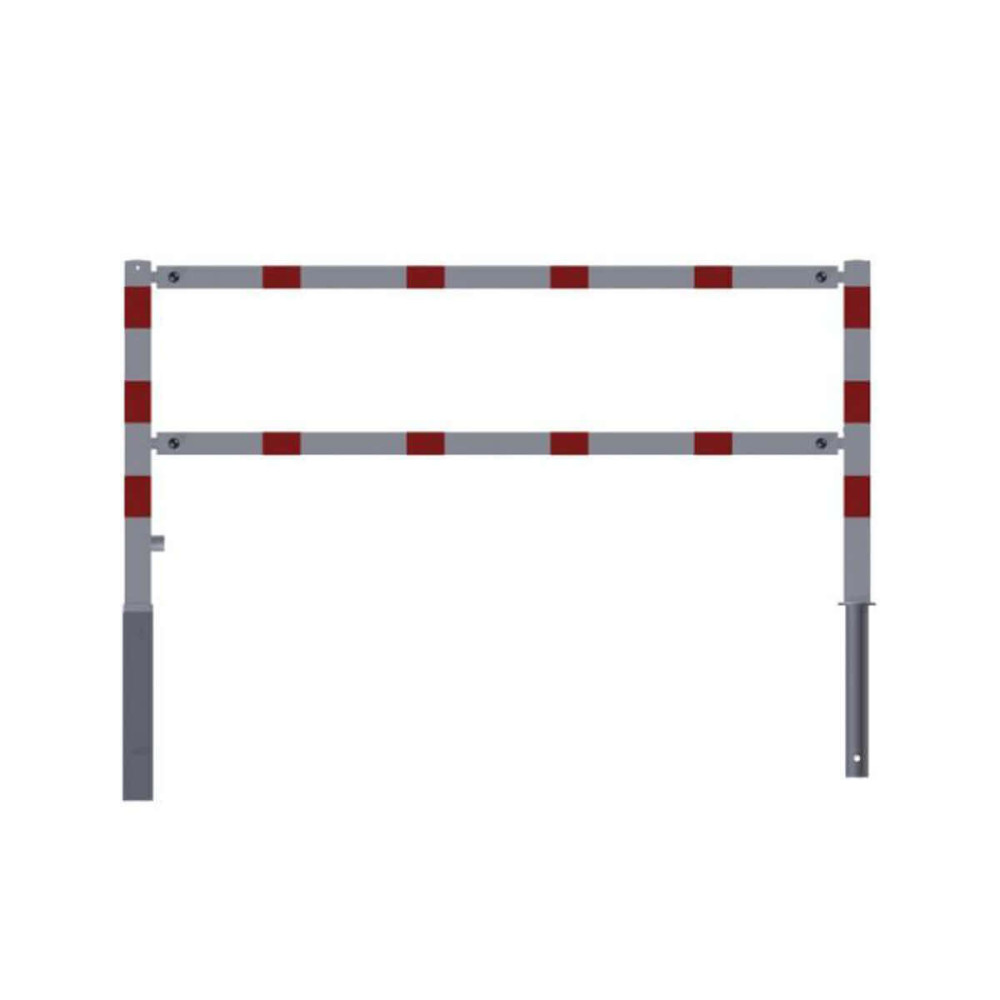 Wegesperre 70 x 70 mm schwenkbar mit Dreikantverschluss mit Ober- und Querholm weiß besch. / rote Streifen Breite 2000 mm