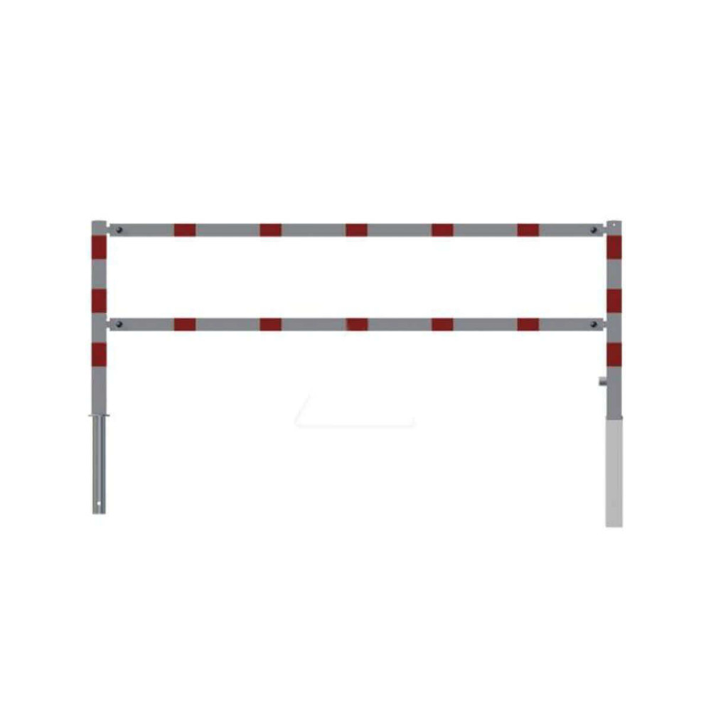 Wegesperre 70 x 70 mm schwenkbar mit Dreikantverschluss mit Ober- und Querholm weiß besch. / rote Streifen Breite 2500 mm