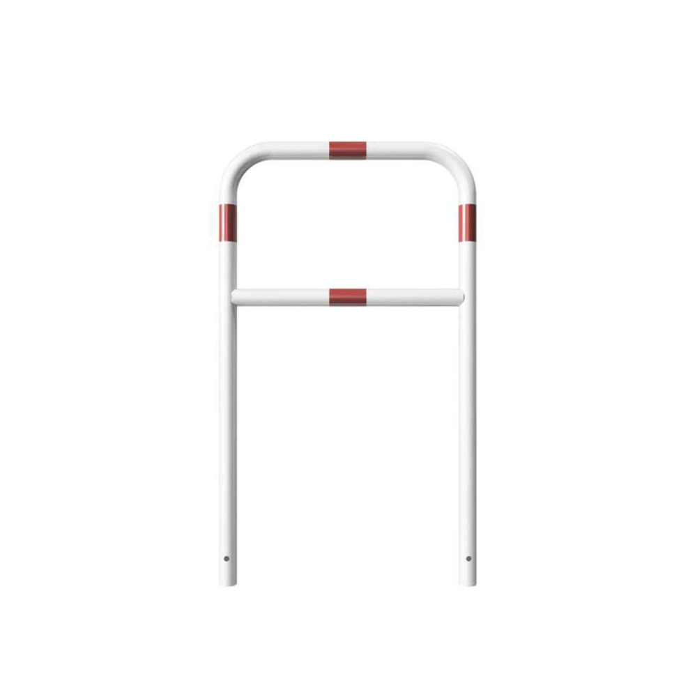 Rohrbügel aus Stahlrohr Ø 48 mm mit Querholm zum einbetonieren - weiß besch. / rote Streifen-1200 mm x 700 mm