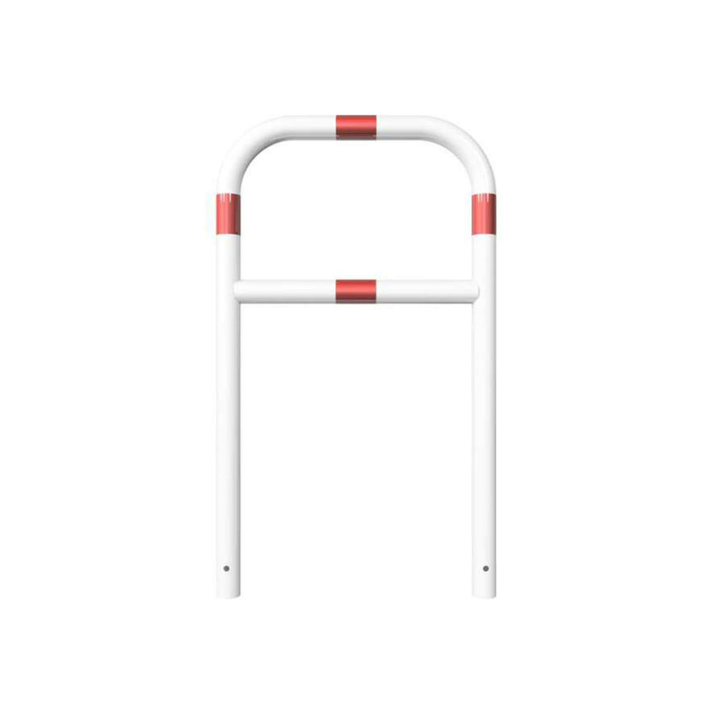 Rohrbügel aus Stahlrohr Ø 60 mm mit Querholm zum einbetonieren - weiß besch. / rote Streifen-1200 mm x 700 mm