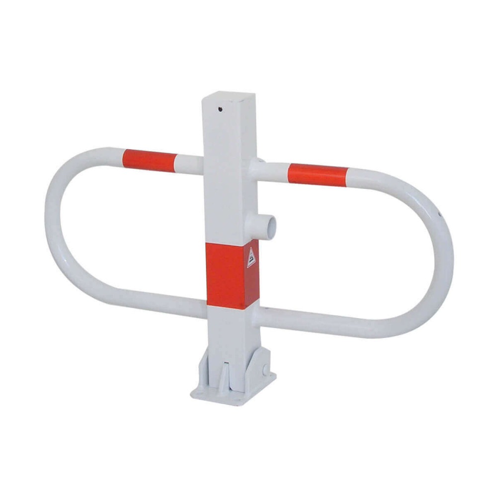 Parkplatzsperre 70 x 70 mm Stahlrohr Überflur 500 mm umlegbar mit Dreikantverschluss - weiß besch. / rote Streifen – weiß besch. / rote Streifen