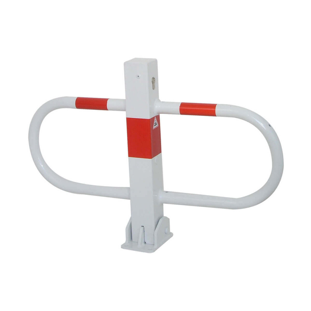 Parkplatzsperre 70 x 70 mm Stahlrohr Überflur 500 mm umlegbar mit Profilzylinderschloss - weiß besch. / rote Streifen