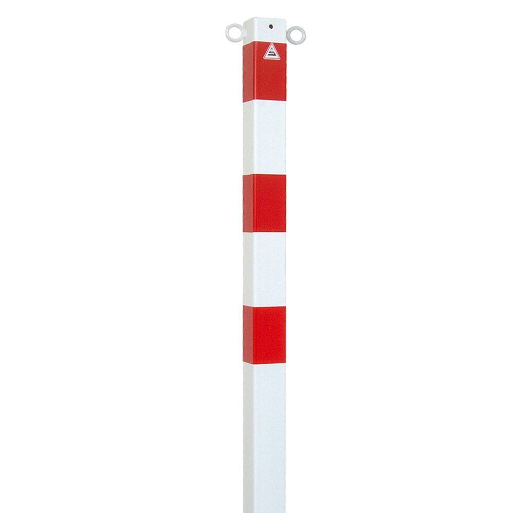 Absperrpfosten 70 x 70 mm Stahlrohr + 2 Ösen weiß besch. / rote Streifen zum einbetonieren