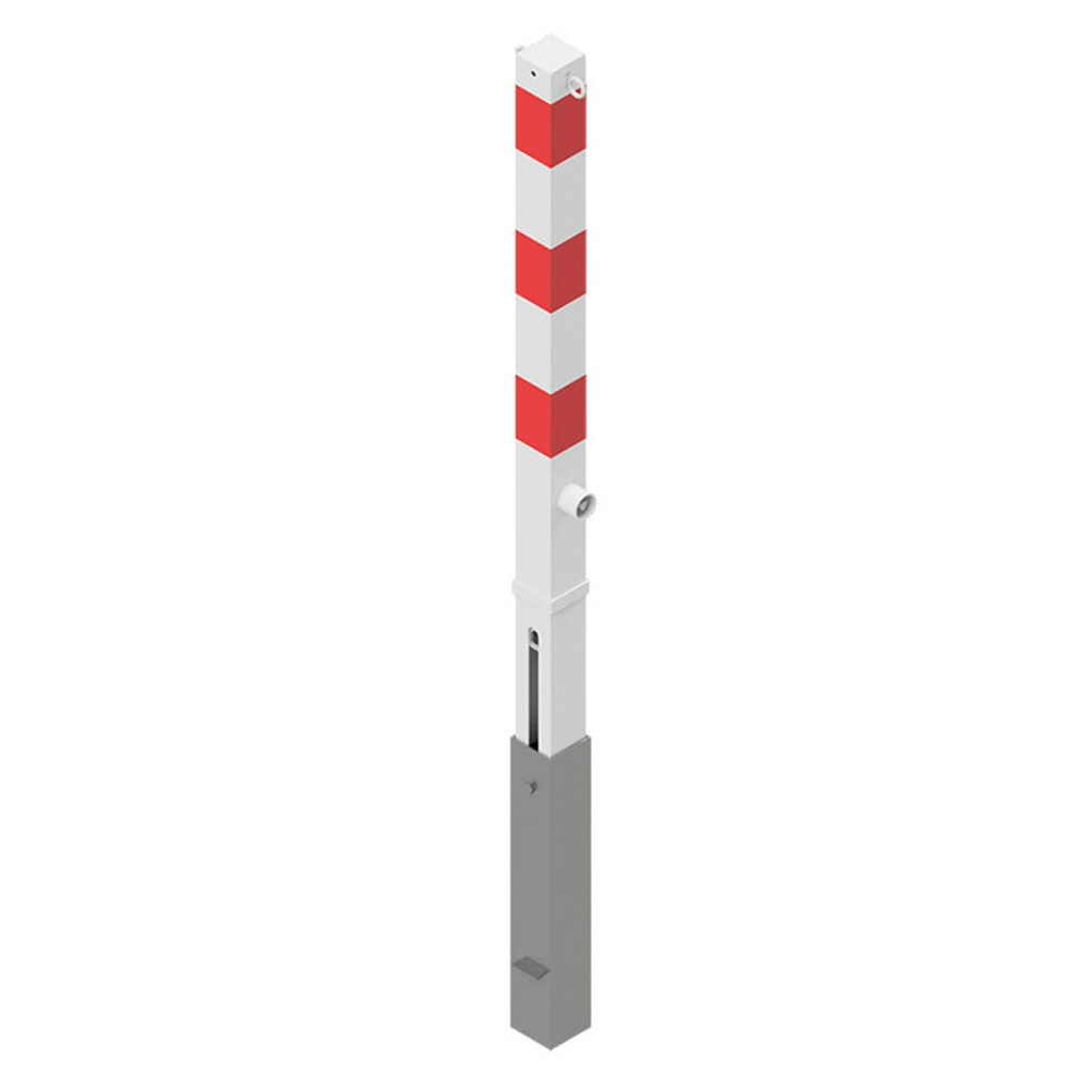 Absperrpfosten 70 x 70 mm Stahlrohr + 2 Ösen weiß besch. / rote Streifen herausnehmbar mit Dreikant