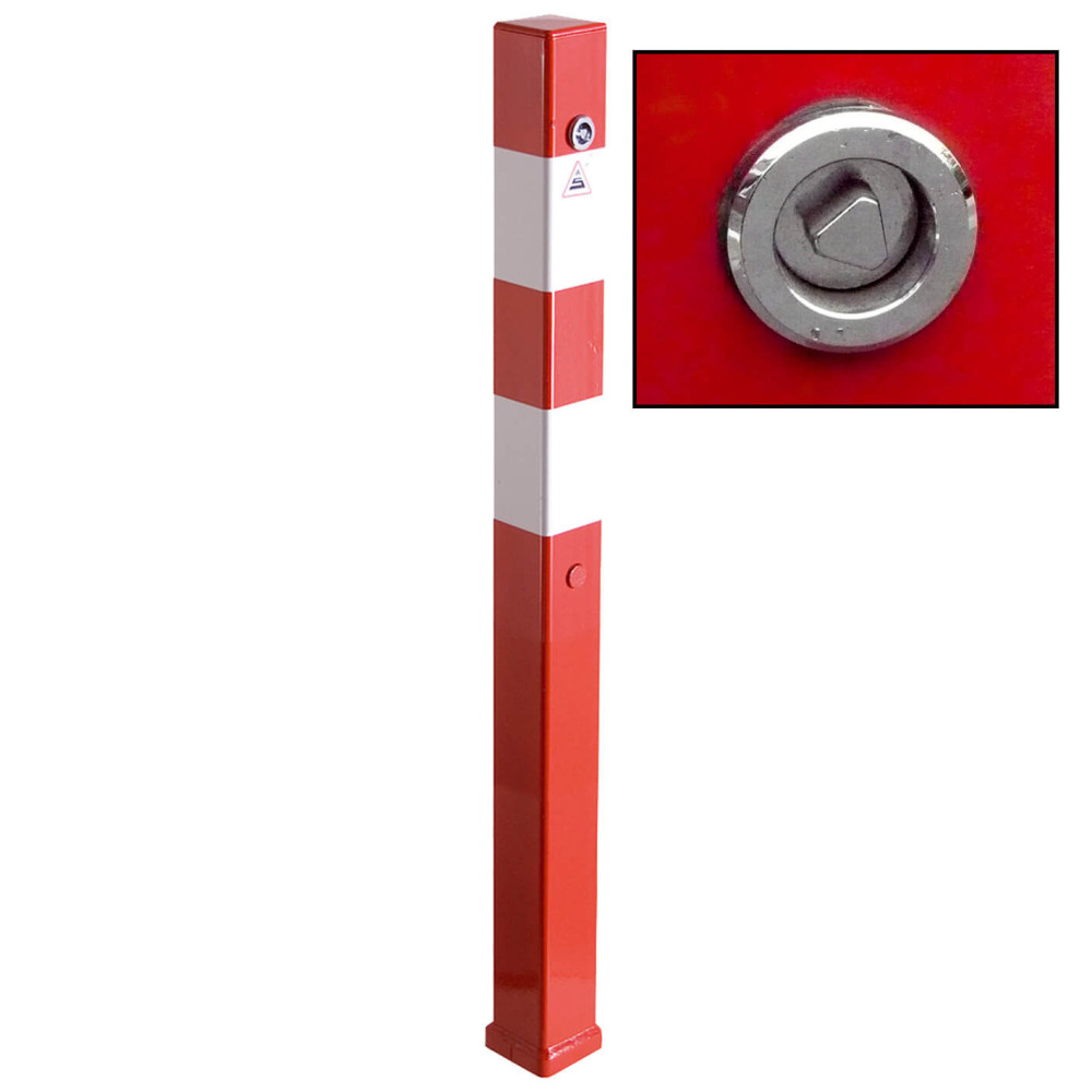 Absperrpfosten 70 x 70 mm Stahlrohr rot besch, / weiße Streifen mit Dreikantverschluss herausnehmbar – Absperrpfosten Feuerwehrpfosten 70x70mm Dreikantverschluß rot weiß herausnehmbar