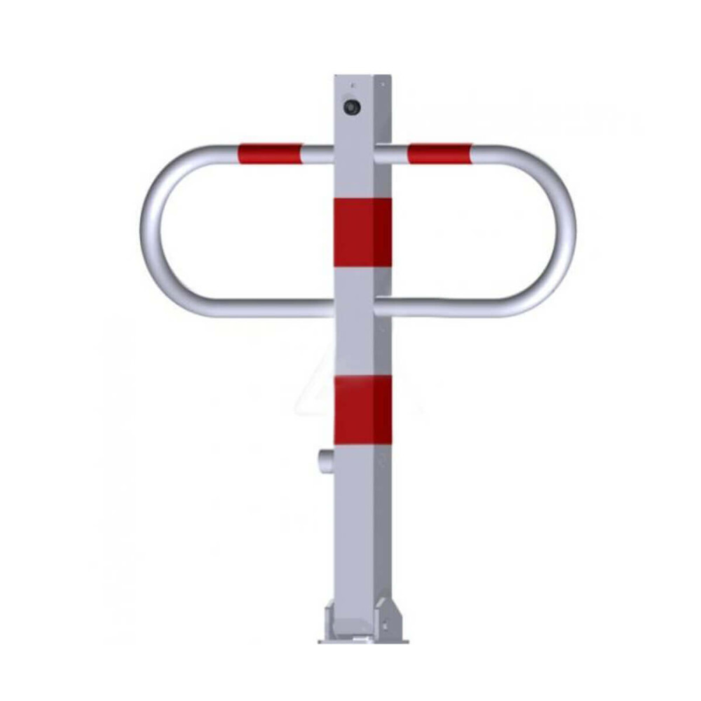 Parkplatzsperre 70 x 70 mm Höhe 900 mm umlegbar mit Dreikantverschluss - weiß besch. / rote Streifen – weiß besch. / rote Streifen