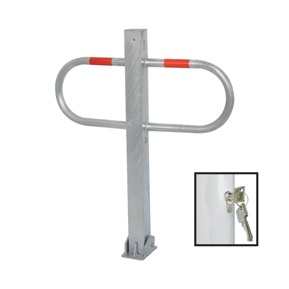 Parkplatzsperre 70 x 70 mm Stahlrohr Überflur 900 mm umlegbar mit Profilzylinderschloss feuerverzinkt