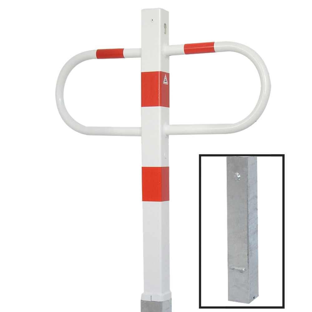 Parkplatzsperre 70 x 70 mm Stahlrohr Überflur 900 mm herausnehmbar mit Profilzylinderschloss weiß besch. / rote Streifen