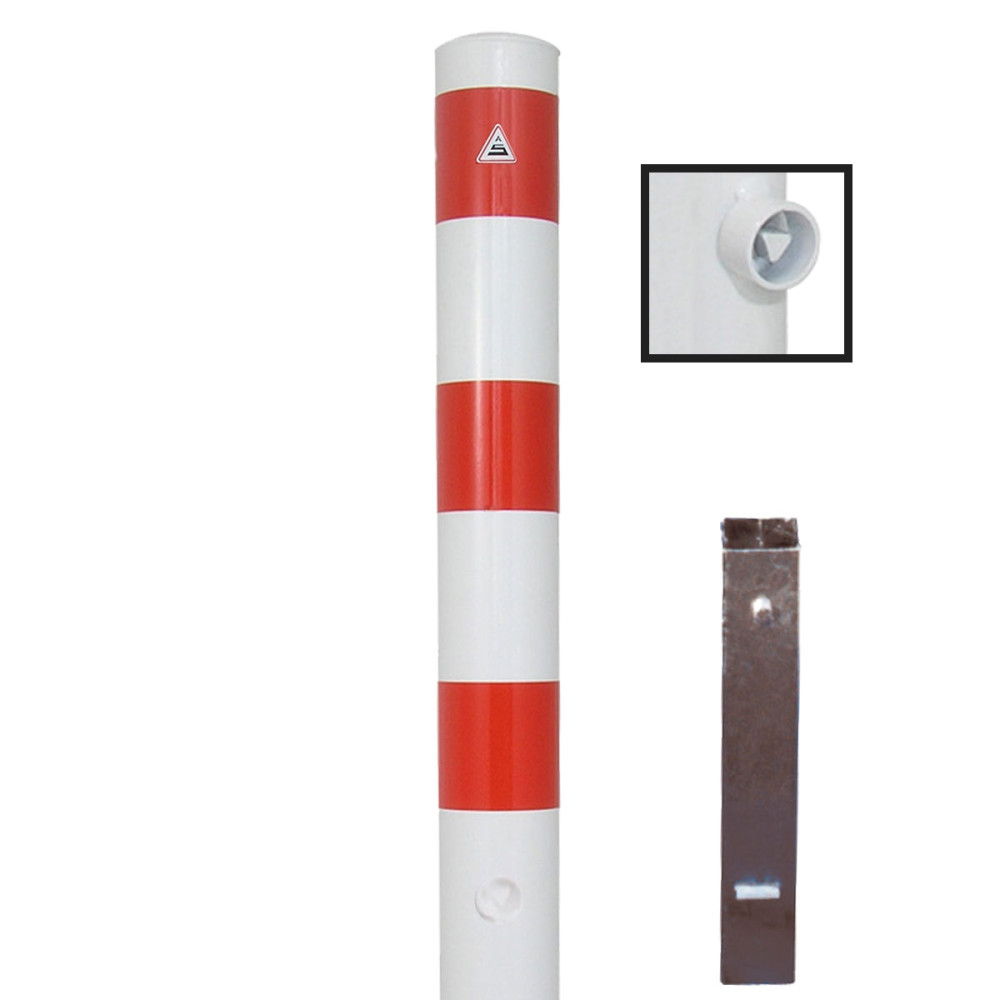 Absperrpfosten Ø 102 mm Stahlrohr weiß besch. / rote Streifen herausnehmbar mit Dreikant