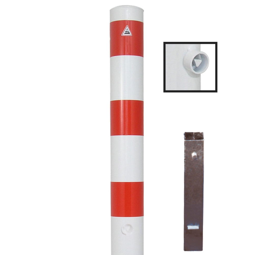 Absperrpfosten Ø 108 mm Stahlrohr weiß besch. / rote Streifen herausnehmbar mit Dreikant