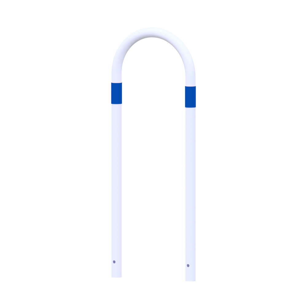 Absperrbügel Ø 48 mm E-Ladesäulenschutz Breite 400 mm Höhe 1200 mm weiß beschichtet mit blaue Streifen