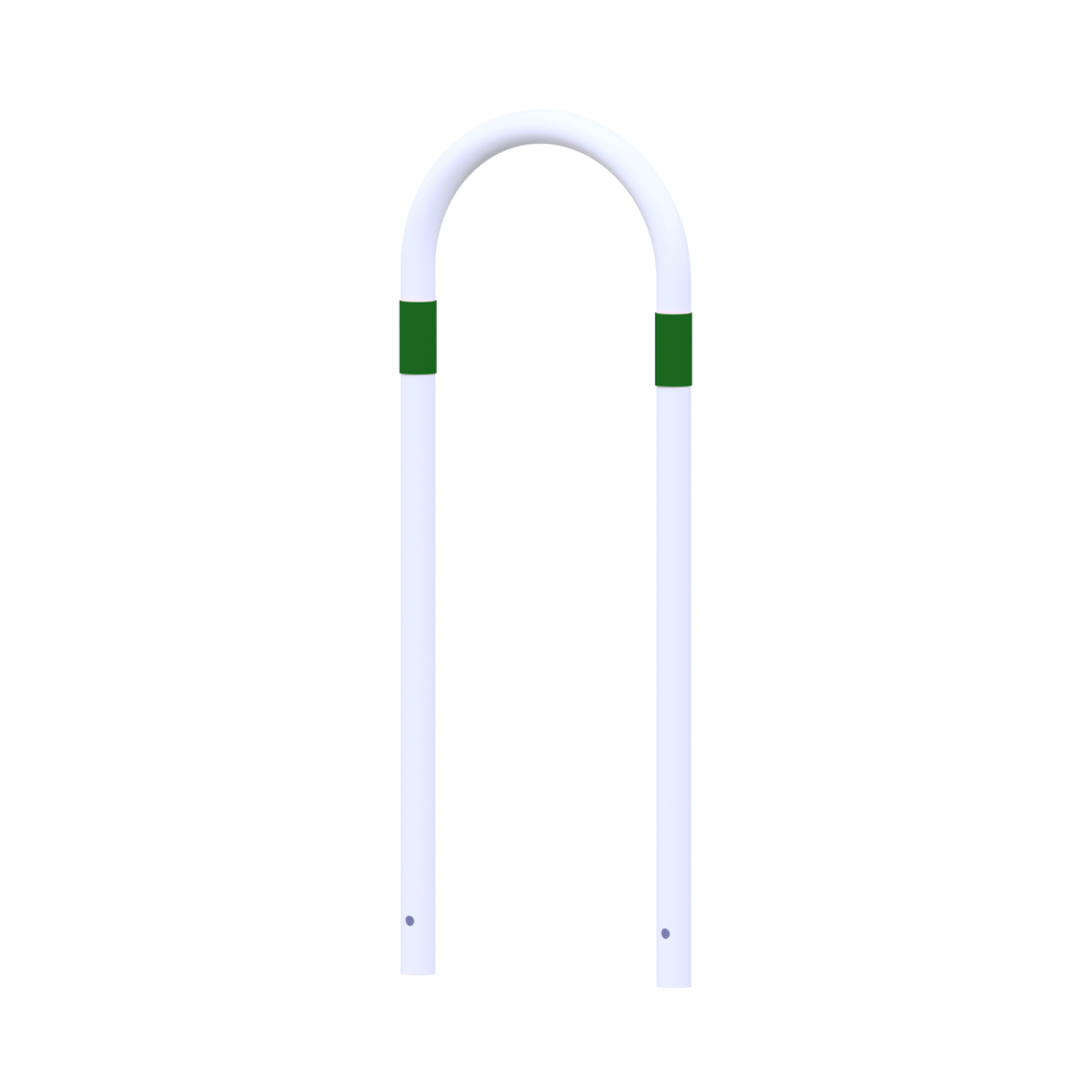 Absperrbügel Ø 48 mm E-Ladesäulenschutz Breite 400 mm Höhe 1200 mm weiß beschichtet mit grüne Streifen