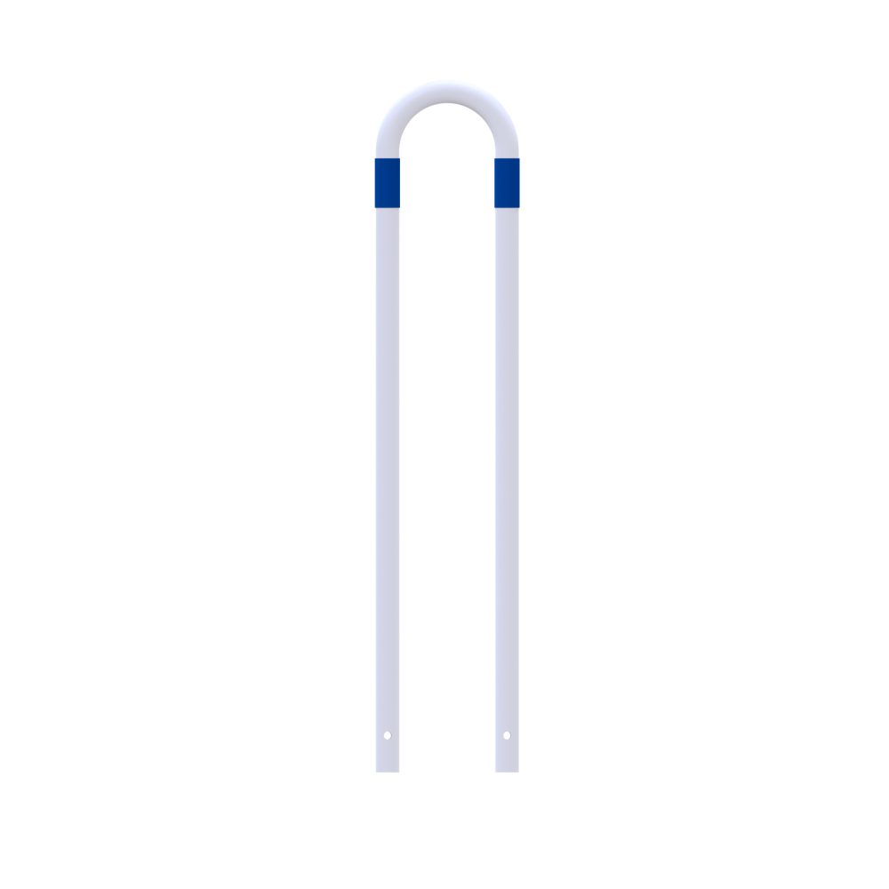 Absperrbügel Ø 48 mm E-Ladesäulenschutz Breite 300 mm Höhe 1400 mm weiß beschichtet mit blaue Streifen