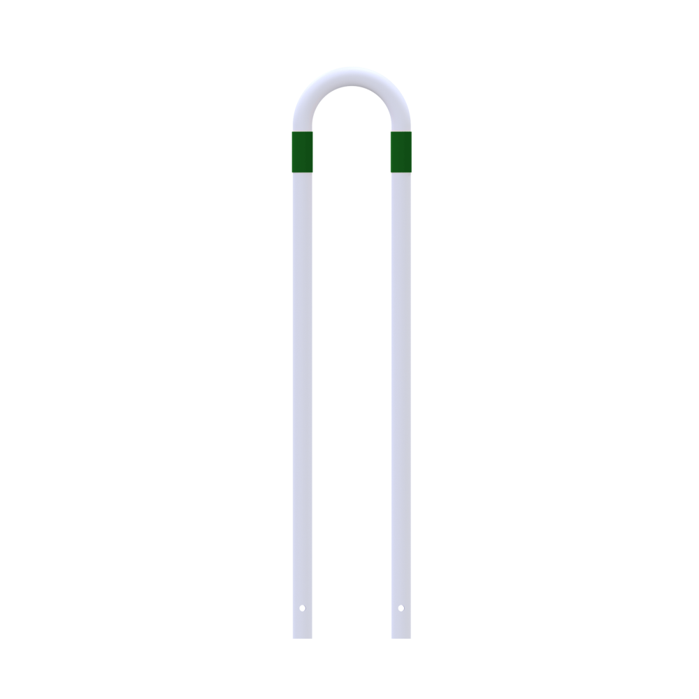 Absperrbügel Ø 48 mm E-Ladesäulenschutz Breite 300 mm Höhe 1400 mm weiß beschichtet mit grüne Streifen