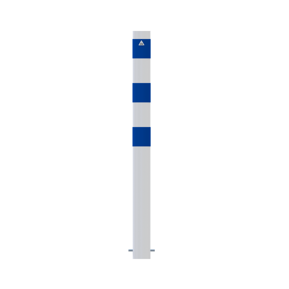 Absperrpoller Ø 102 mm E-Ladesäulenschutz weiß beschichtet mit 3 blauen Streifen