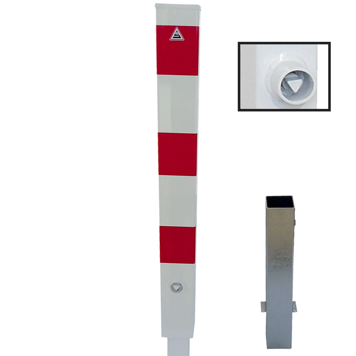 Absperrpfosten 100 x 100 mm Stahlrohr weiß besch. / rote Streifen herausnehmbar mit Dreikant