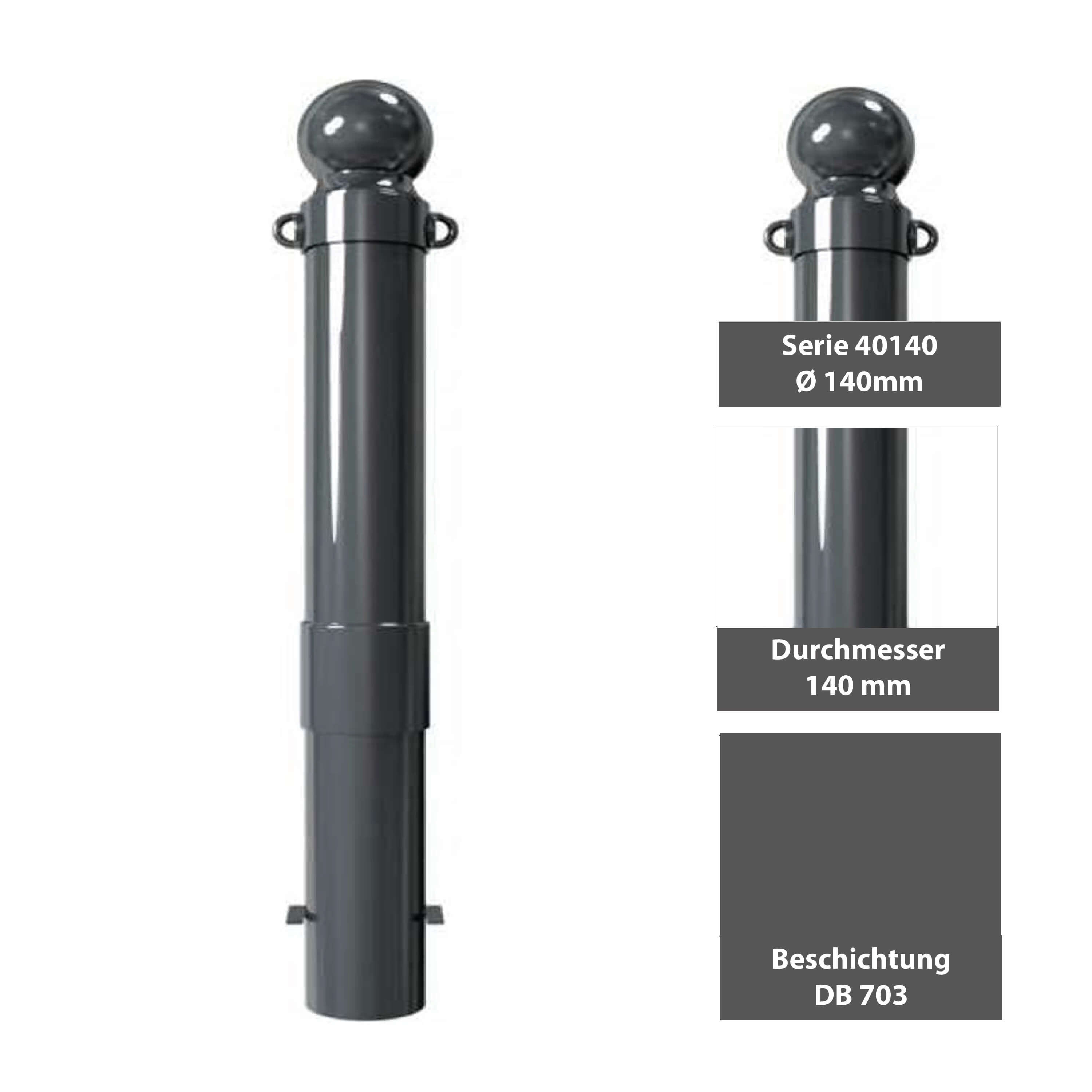 Stilpoller Ø 140 mm mit Alukugel und Kettenösen ortsfest zum einbetonieren