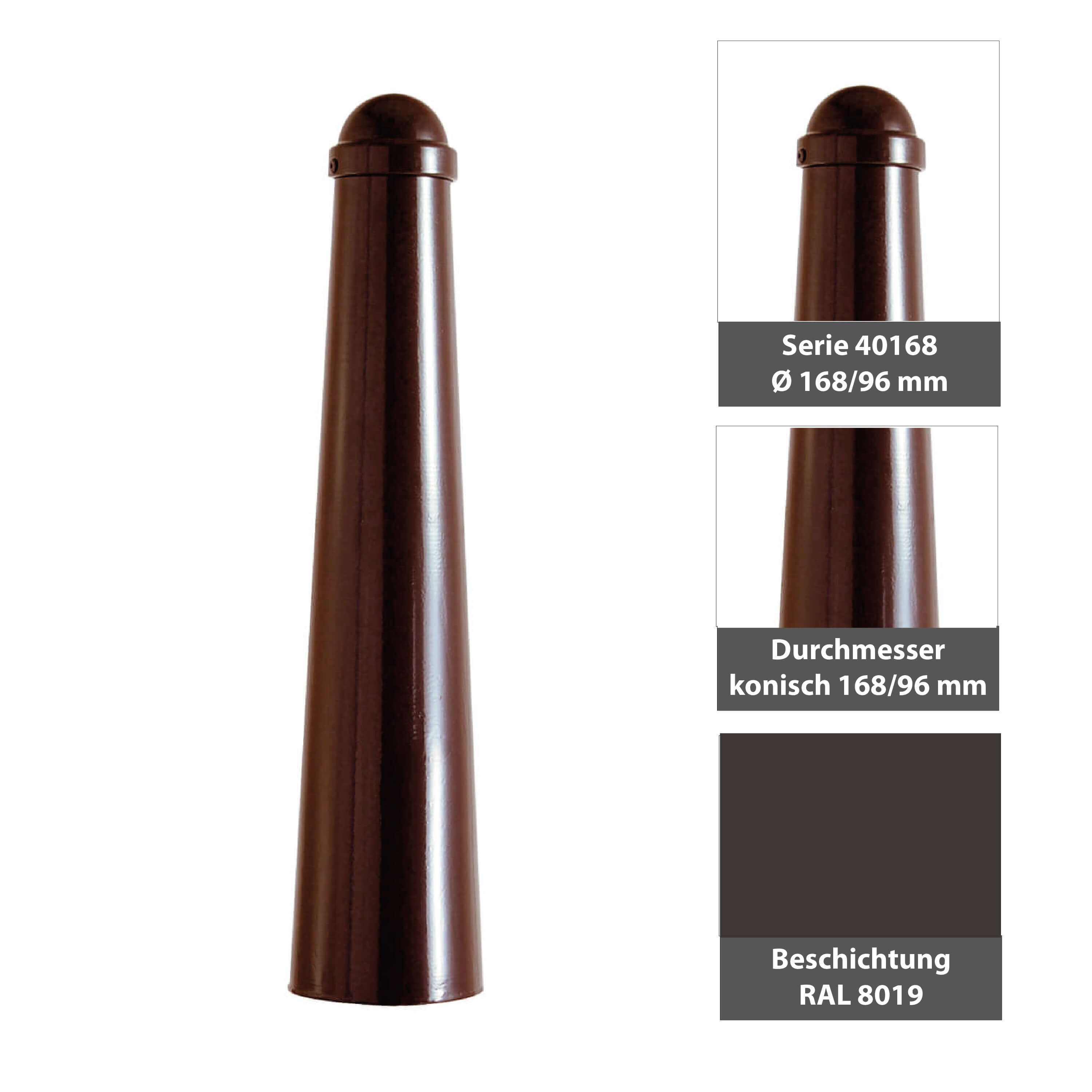 Absperr-Stilpfosten konisch Ø 168 / 96 mm mit Zierkappe Serie 40168 ortsfest zum einbetonieren