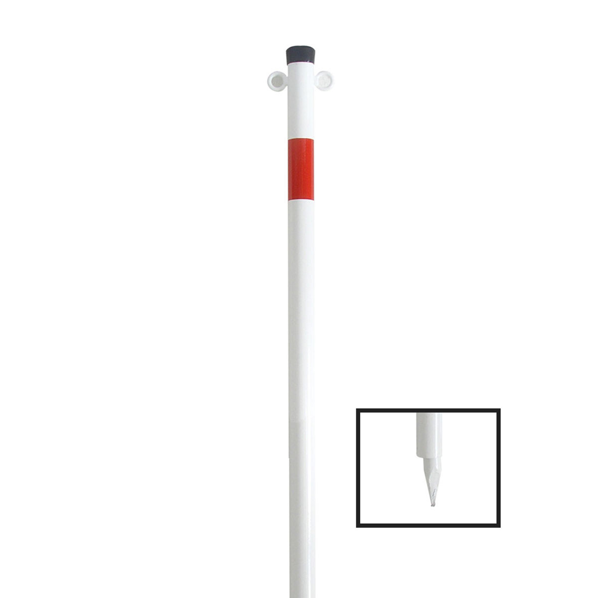 Absperrpfosten 42 mm Stahlrohr + 2 Ösen weiß besch. / rote Streifen zum einschlagen