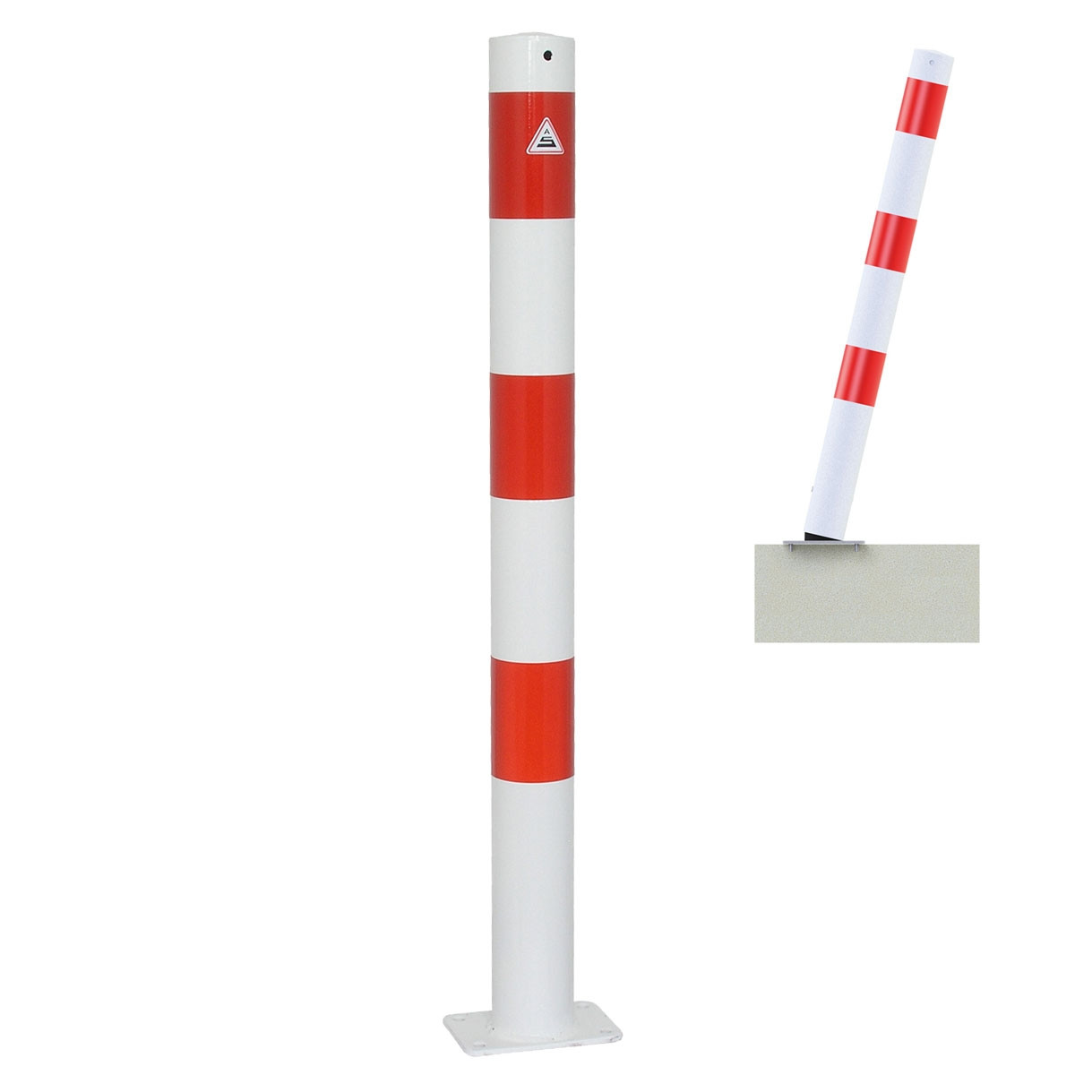 Absperrpfosten 76 mm Stahlrohr weiß besch. / rote Streifen ortsfest allseitig bis 30° neigbar