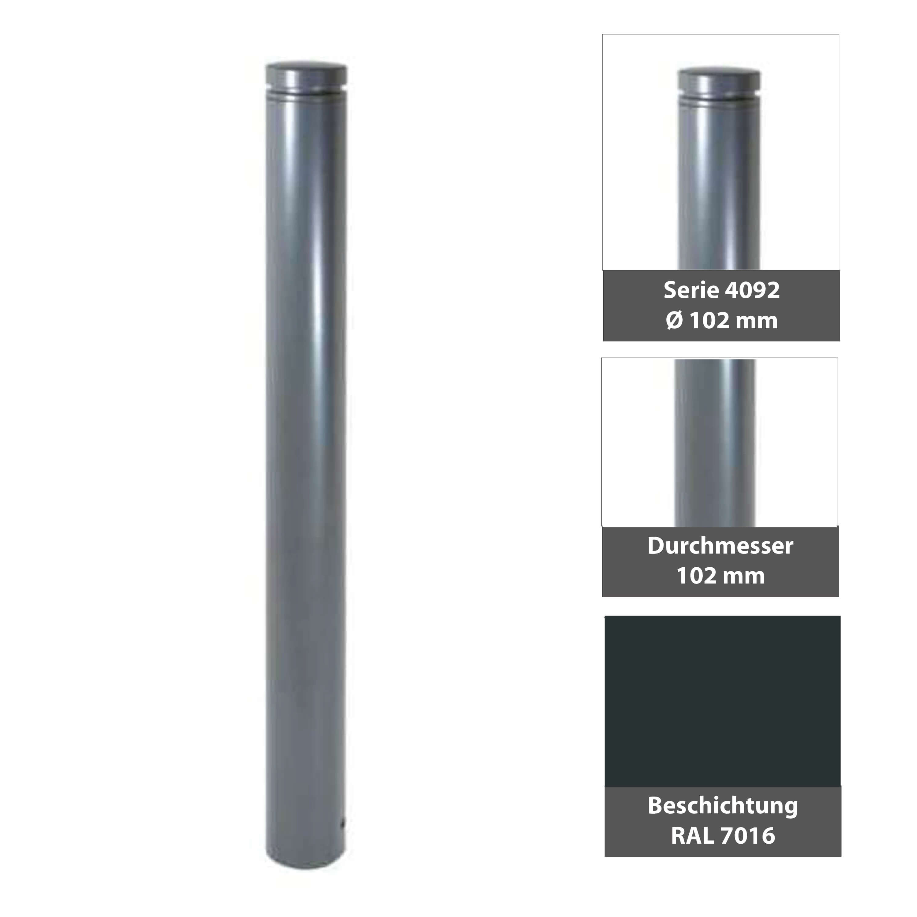 Absperr-Stilpfosten Ø 102 mm Serie 4092 mit Alukopf und Ziernut ortsfest zum einbetonieren Anthrazit RAL 7016