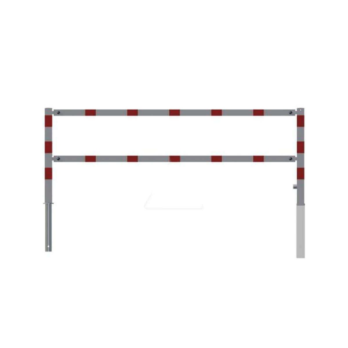 Wegesperre 70 x 70 mm schwenkbar mit Dreikantverschluss mit Ober- und Querholm weiß besch. / rote Streifen Breite 2500 mm