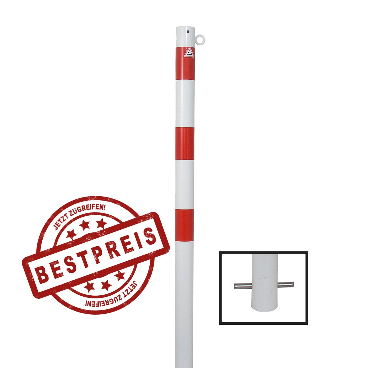 Absperrpfosten 60 mm Stahlrohr + 1 Öse weiß besch. / rote Streifen zum einbetonieren