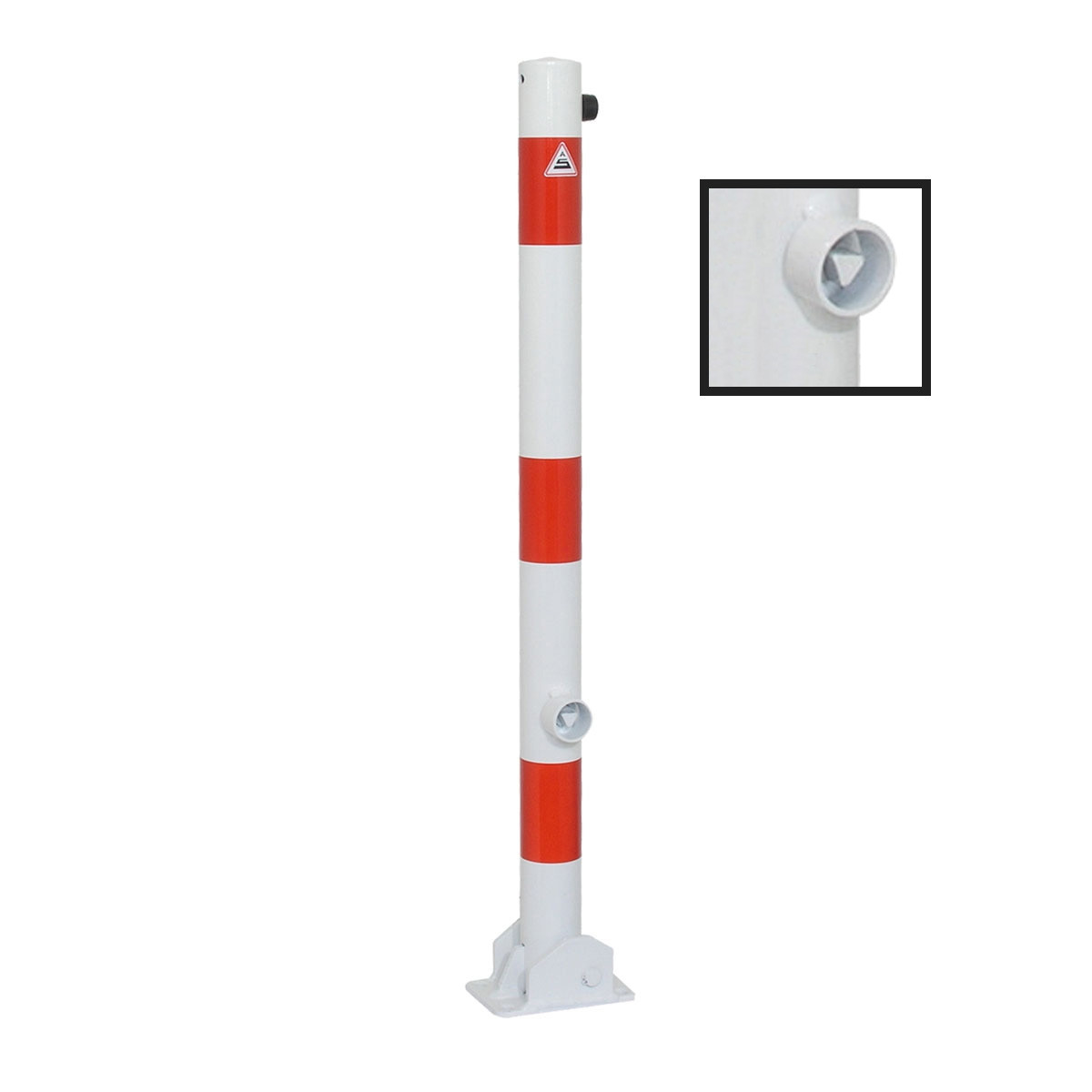 Absperrpfosten 60 mm Stahlrohr weiß besch. / rote Streifen umlegbar Dreikant für Dübelbefestigung