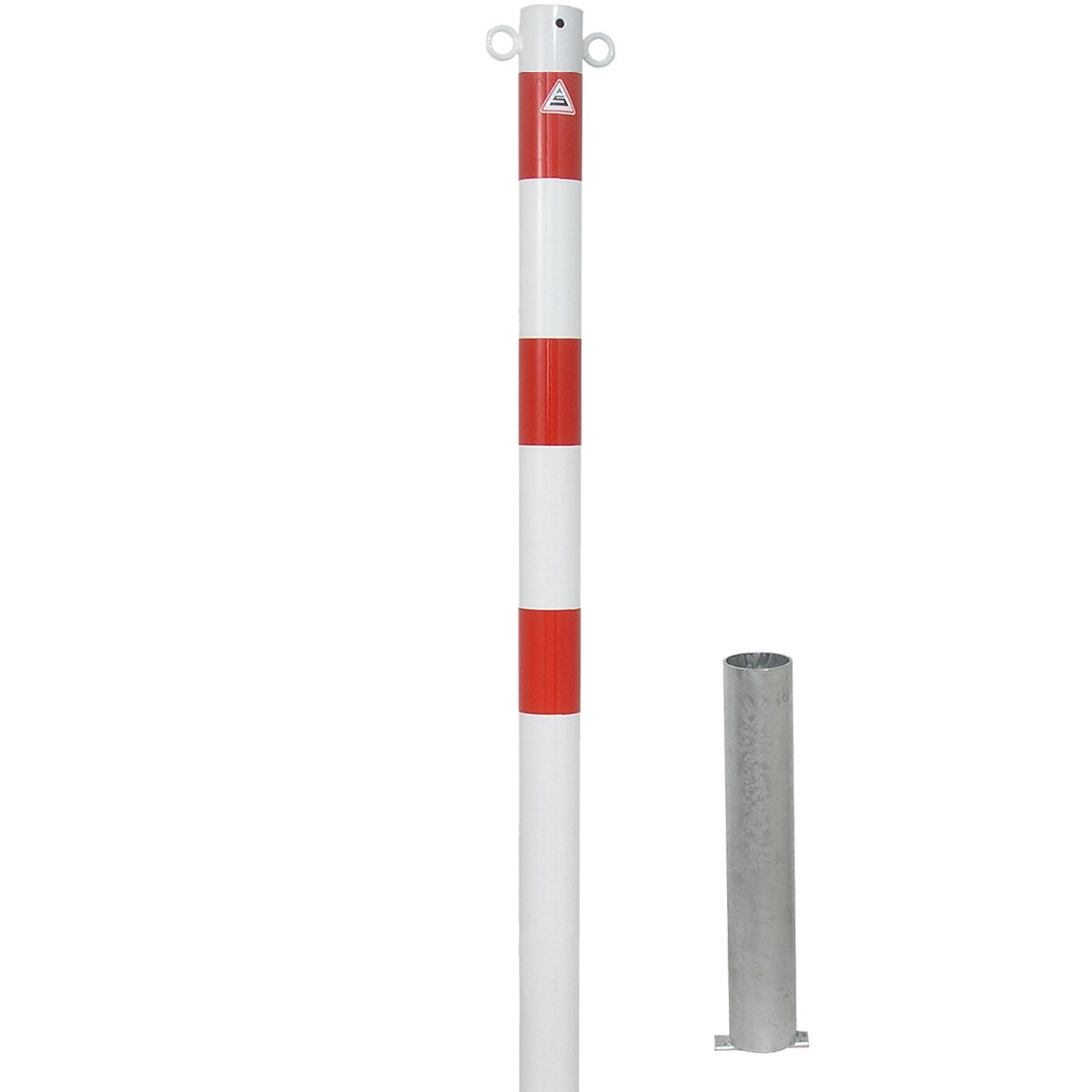 Absperrpfosten 60 mm Stahlrohr + 2 Ösen weiß besch. / rote Streifen herausnehmbar ohne Verschluss inkl. Bodenhülse