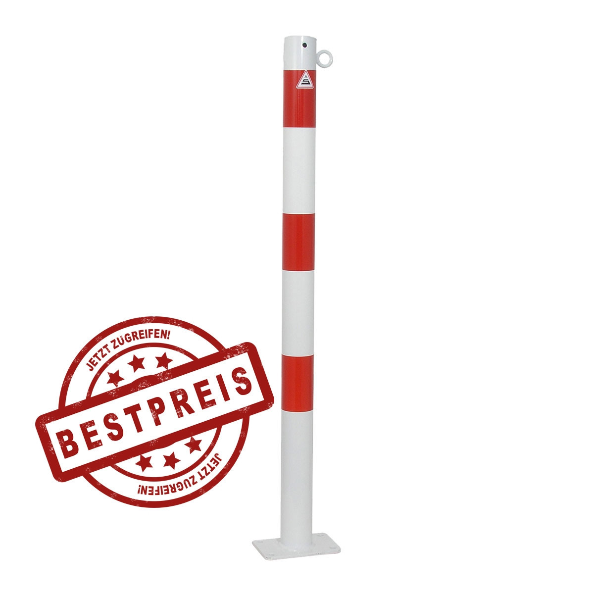 Absperrpfosten 60 mm Stahlrohr + 1 Öse weiß besch. / rote Streifen für Dübelbefestigung