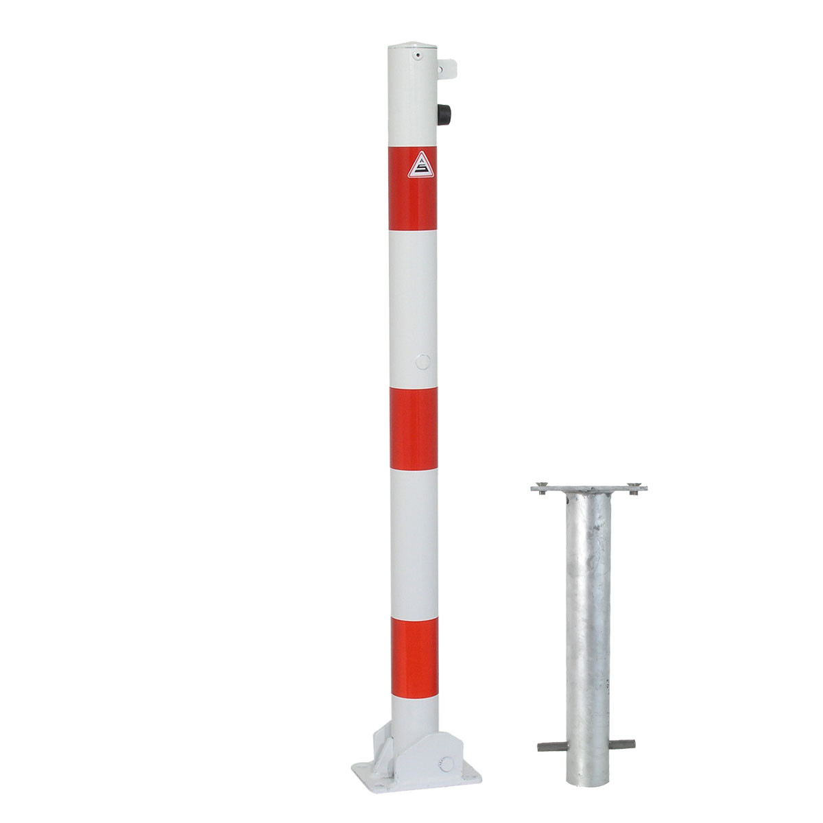 Absperrpfosten 60 mm Stahlrohr weiß besch. / rote Streifen umlegbar für Vorhangschloss zum einbetonieren inkl. Bodenhülse