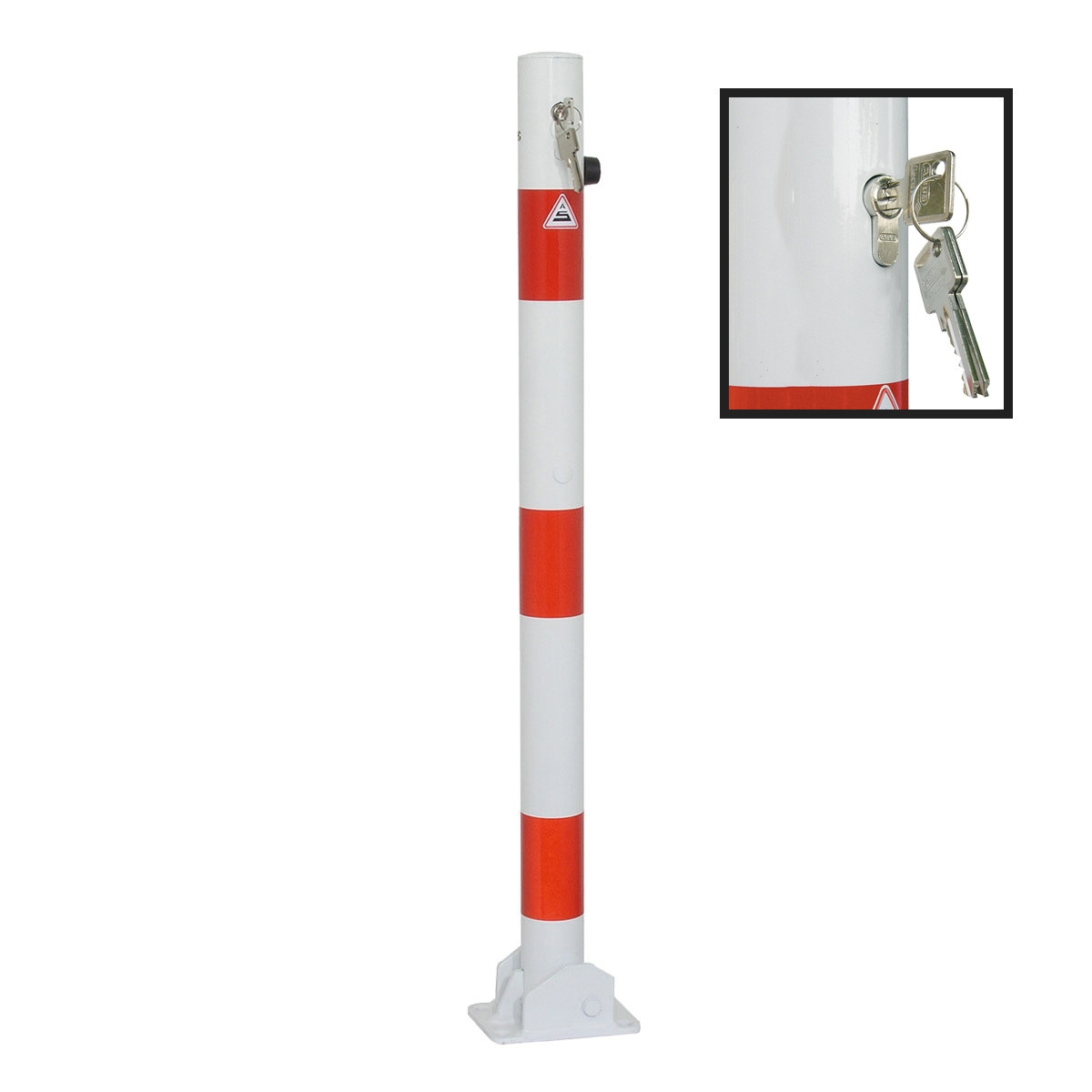 Absperrpfosten 60 mm Stahlrohr weiß besch. / rote Streifen umlegbar Profilzylinderschloss für Dübelbefestigung