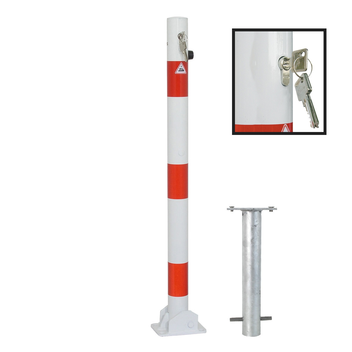 Absperrpfosten 60 mm Stahlrohr weiß besch. / rote Streifen umlegbar Profilzylinderschloss zum einbetonieren inkl. Bodenhülse
