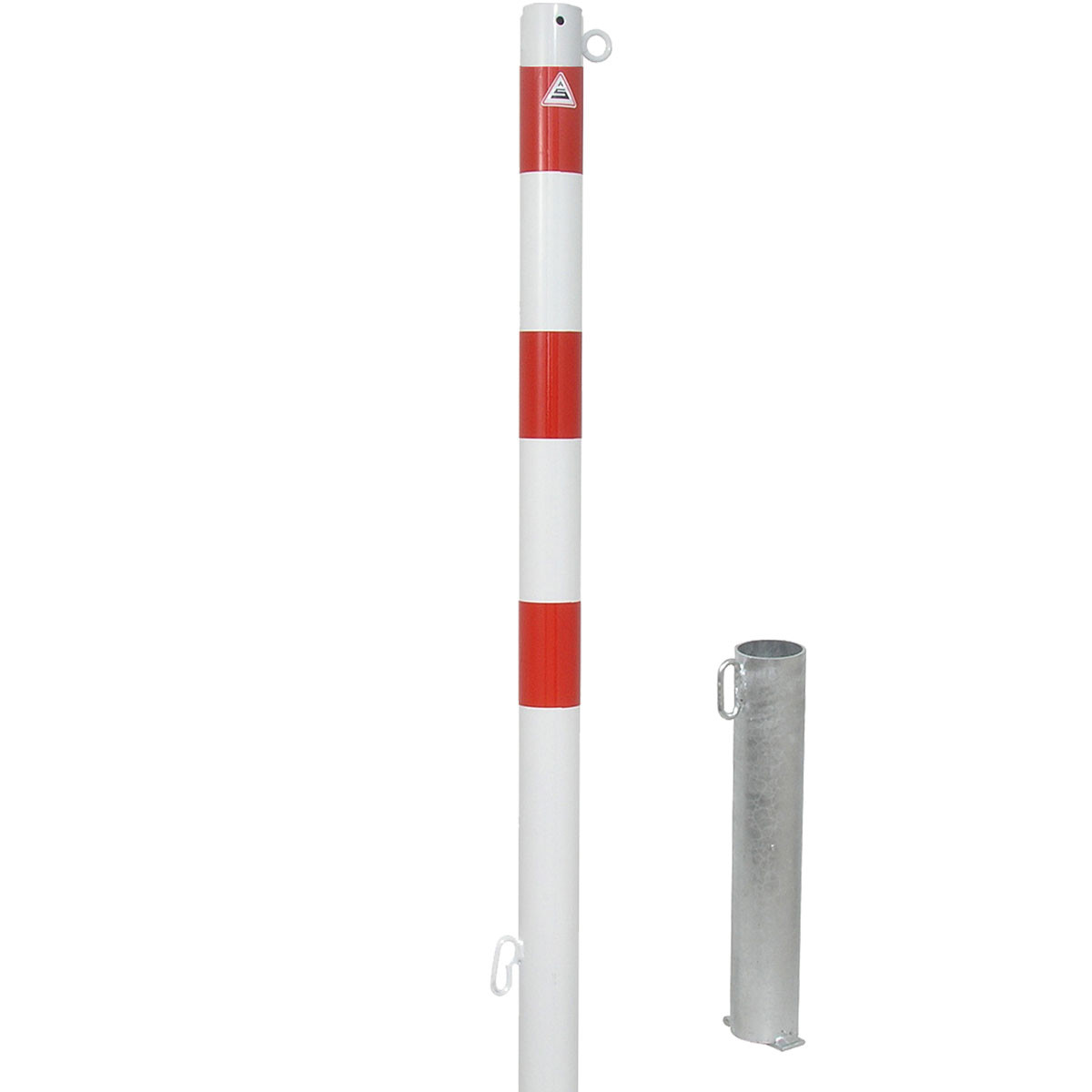 Absperrpfosten 60 mm Stahlrohr + 1 Öse weiß besch. / rote Streifen herausnehmbar für Vorhangschloss