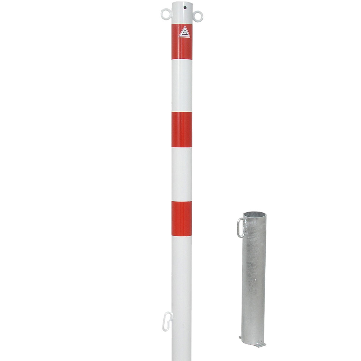 Absperrpfosten 60 mm Stahlrohr + 2 Ösen weiß besch. / rote Streifen herausnehmbar für Vorhangschloss