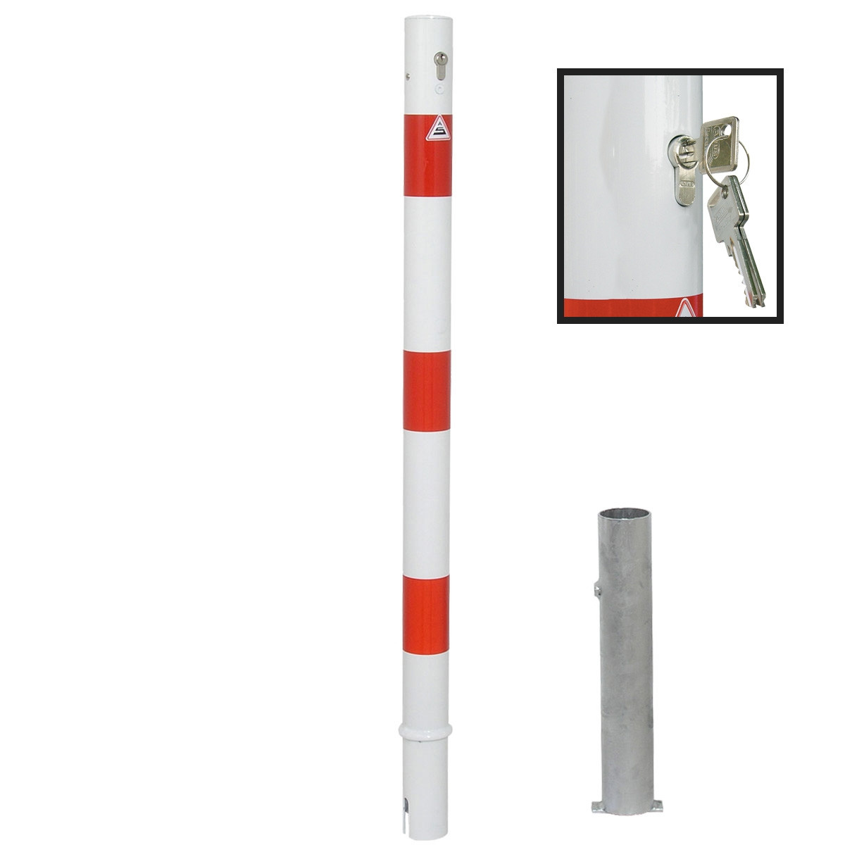 Absperrpfosten 60 mm Stahlrohr weiß besch. / rote Streifen herausnehmbar mit Profilzylinder
