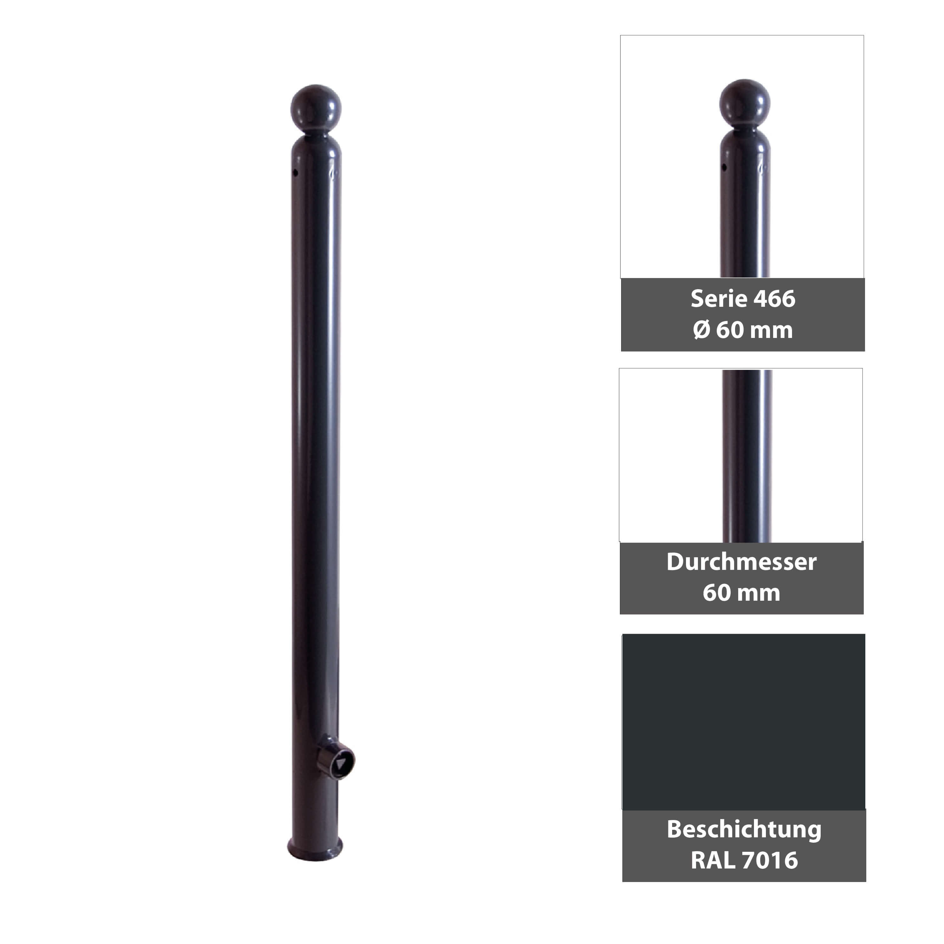 Absperr-Stilpfosten Ø 60 mm Serie 466 ortsfest zum einbetonieren Anthrazit RAL 7016