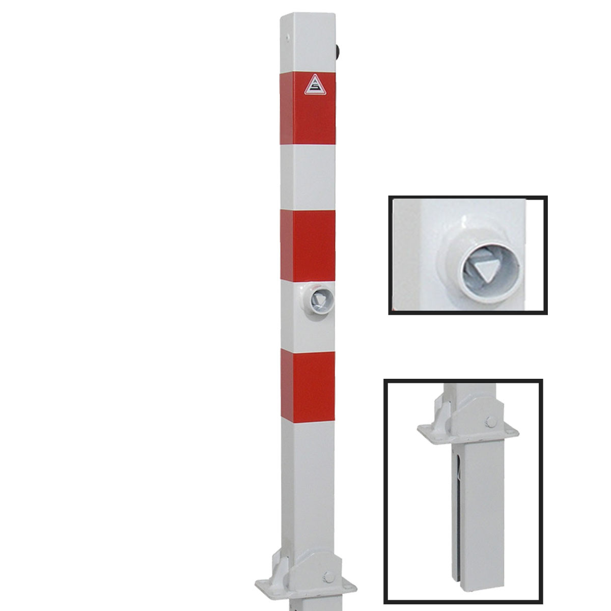 Absperrpfosten 70 x 70 mm Stahlrohr weiß besch. / rote Streifen umlegbar und herausnehmbar mit Dreikant inkl. Bodenhülse