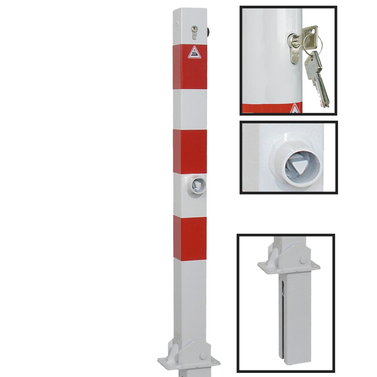 Absperrpfosten 70 x 70 mm Stahlrohr umlegbar und herausnehmbar mit Dreikant- und Profilzylinderschloss inkl. Bodenhülse