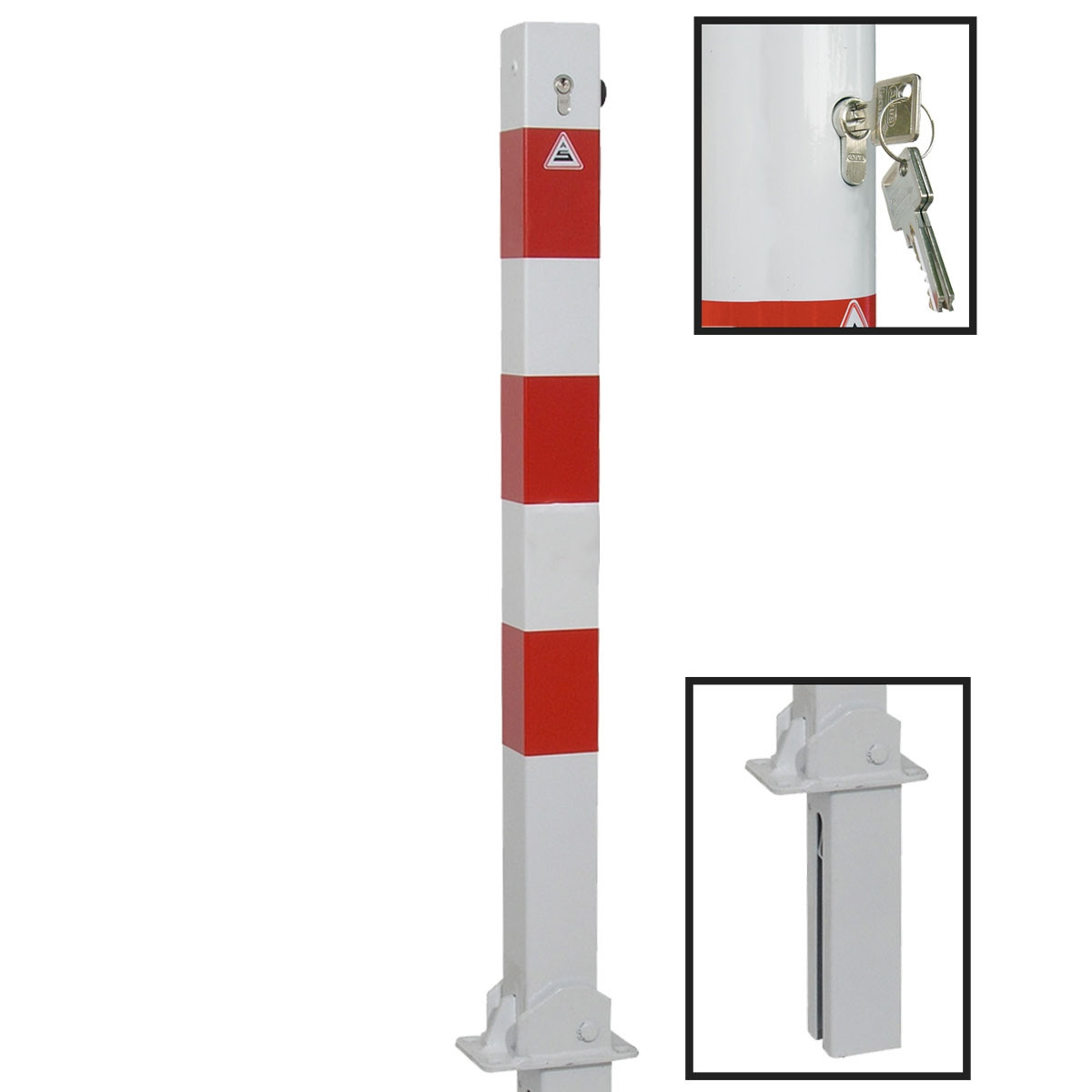 Absperrpfosten 70 x 70 mm Stahlrohr umlegbar und herausnehmbar mit Profilzylinderschloss inkl. Bodenhülse