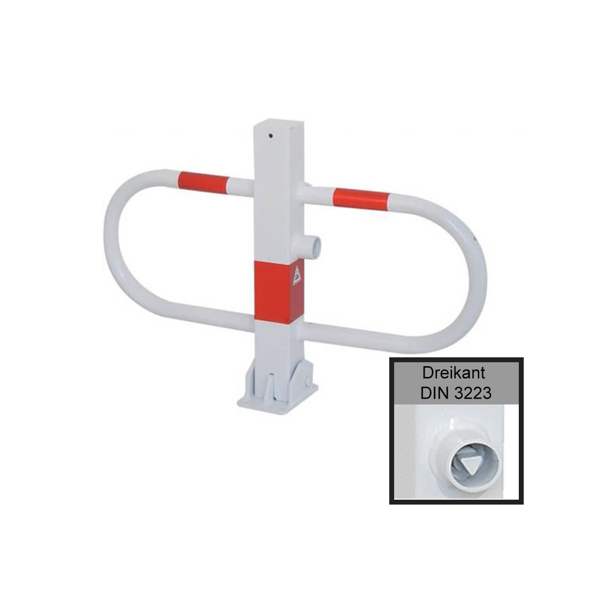 Parkplatzsperre 70 x 70 mm Stahlrohr Überflur 500 mm umlegbar mit Dreikantverschluss - weiß besch. / rote Streifen
