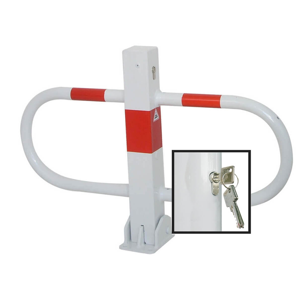 Parkplatzsperre 70 x 70 mm Stahlrohr Überflur 500 mm umlegbar mit Profilzylinderschloss - weiß besch. / rote Streifen