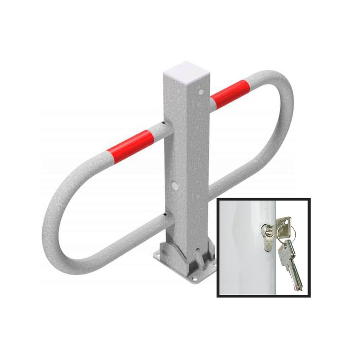 Parkplatzsperre 70 x 70 mm Stahlrohr Überflur 500 mm umlegbar mit Profilzylinderschloss – feuerverzinkt