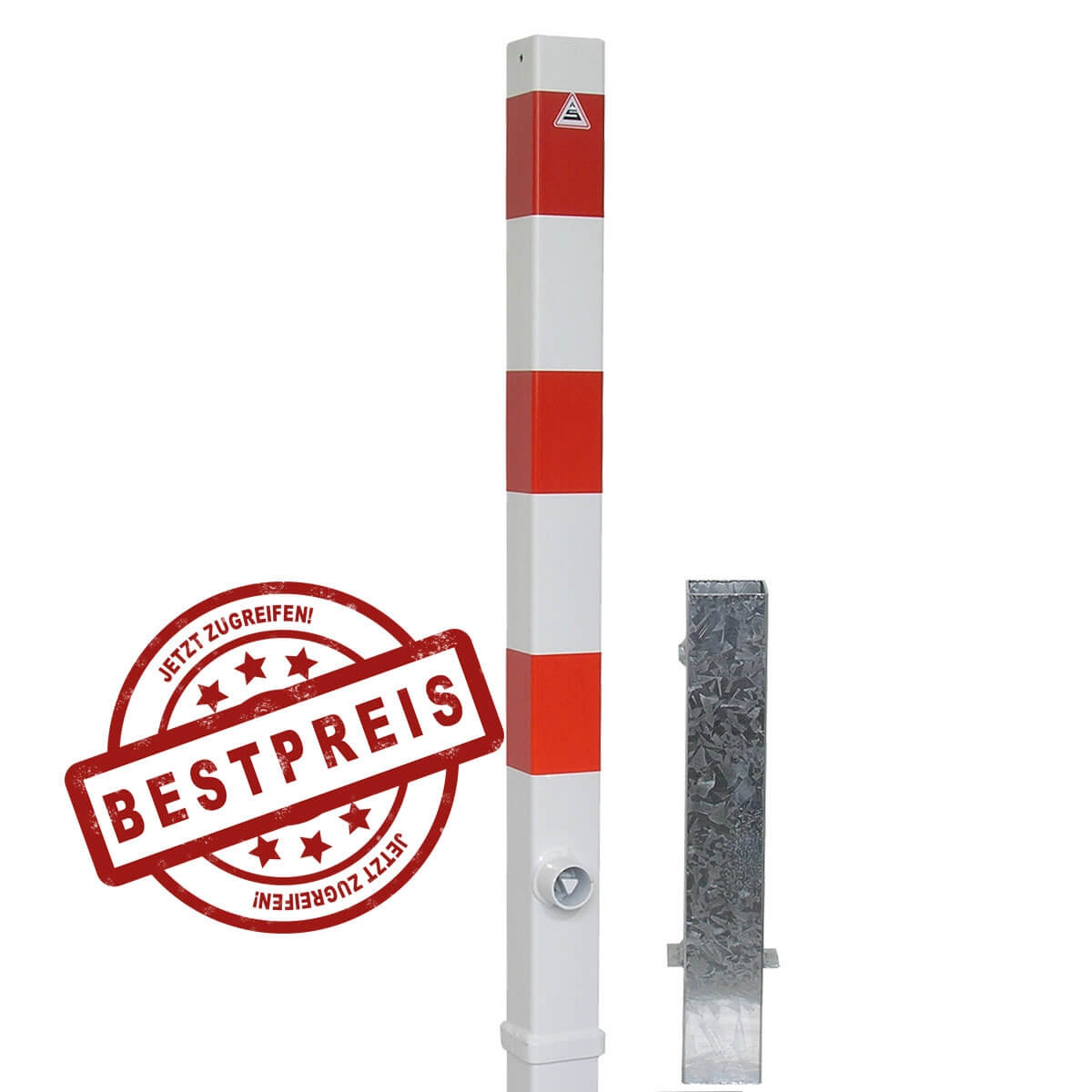 Absperrpfosten 70 x 70 mm Stahlrohr + 2 Ösen weiß besch. / rote Streifen herausnehmbar mit Dreikant